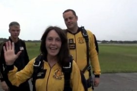 Vince Vaughn, black and yellow jump suit, parachute